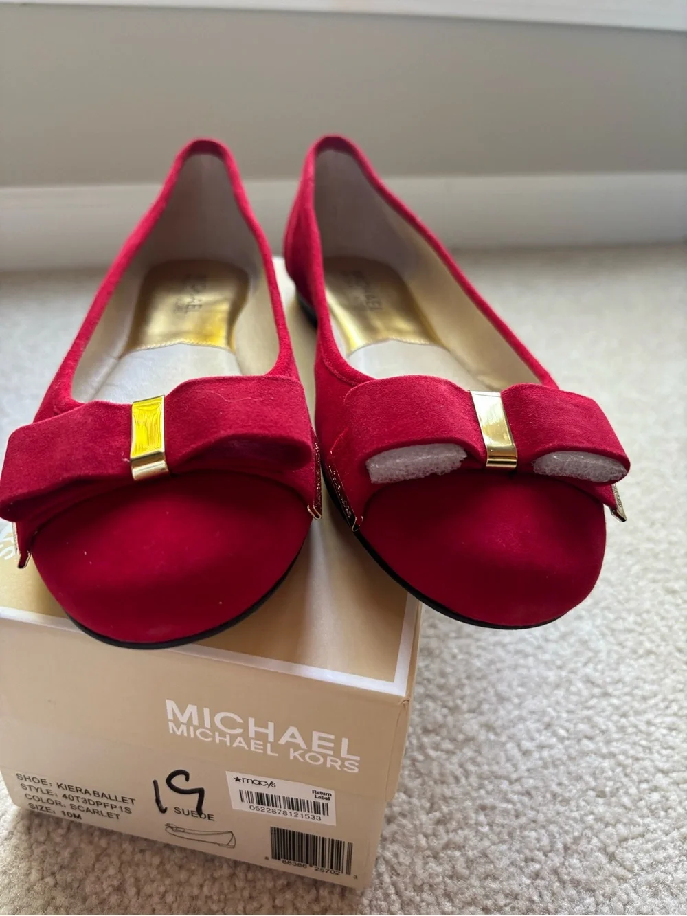 New! Michael Kors Red Suede Bow Flats with Gold Accent